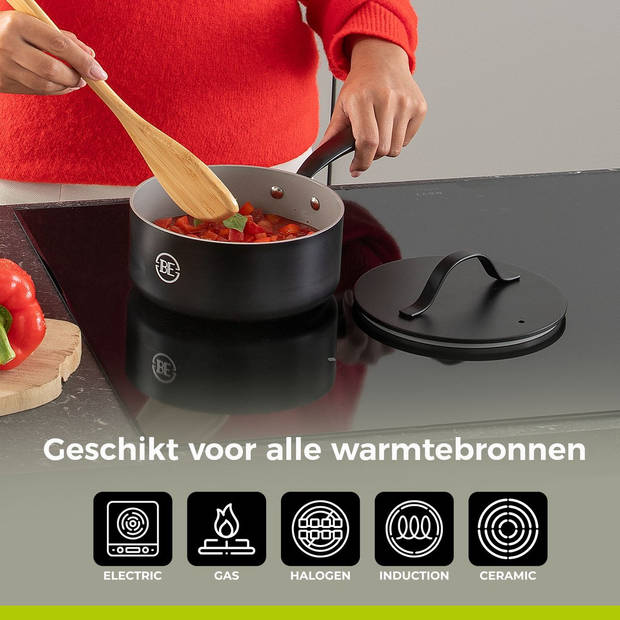 BE Living Sauspan met Deksel - Ø 18cm - PFAS vrije steelpan inductie - Geschikt voor alle warmtebronnen - Zwart