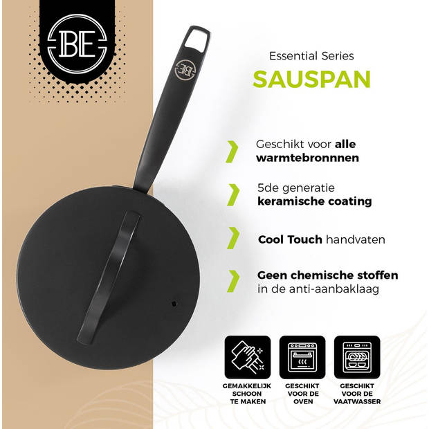 BE Living Sauspan met Deksel - Ø 18cm - PFAS vrije steelpan inductie - Geschikt voor alle warmtebronnen - Zwart