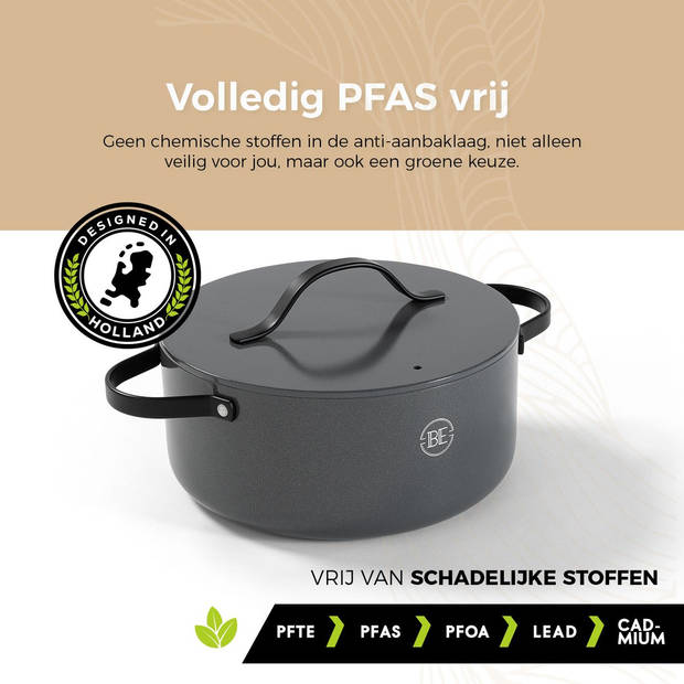 BE Living Braadpan met Deksel - Ø 28 cm - PFAS vrije Kookpan inductie - Geschikt voor alle warmtebronnen - Grijs