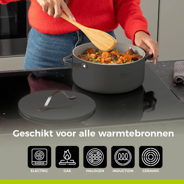 BE Living Braadpan met Deksel - Ø 24 cm - PFAS vrije Kookpan inductie - Geschikt voor alle warmtebronnen - Grijs