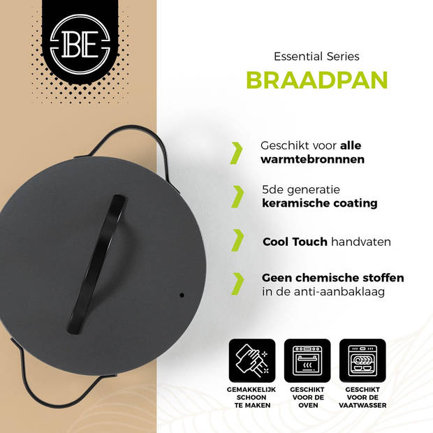 BE Living Braadpan met Deksel - Ø 28 cm - PFAS vrije Kookpan inductie - Geschikt voor alle warmtebronnen - Grijs