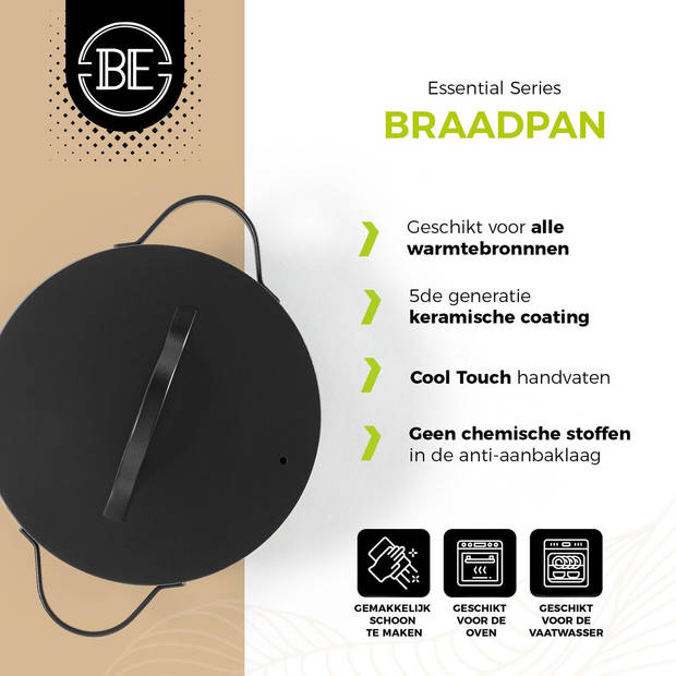 BE Living Braadpan met Deksel - Ø 24 cm - PFAS vrije Kookpan inductie - Geschikt voor alle warmtebronnen - Zwart