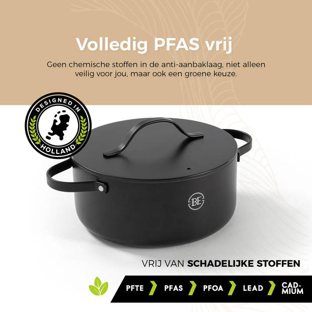 BE Living Braadpan met Deksel - Ø 24 cm - PFAS vrije Kookpan inductie - Geschikt voor alle warmtebronnen - Zwart