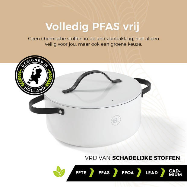 BE Living Braadpan met Deksel - Ø 28 cm - PFAS vrije Kookpan inductie - Geschikt voor alle warmtebronnen - Wit