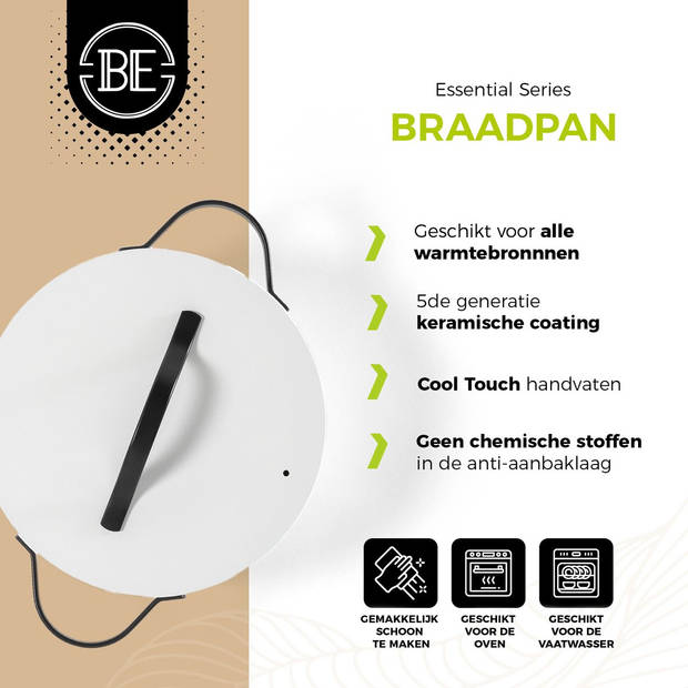 BE Living Braadpan met Deksel - Ø 24 cm - PFAS vrije Kookpan inductie - Geschikt voor alle warmtebronnen - Wit