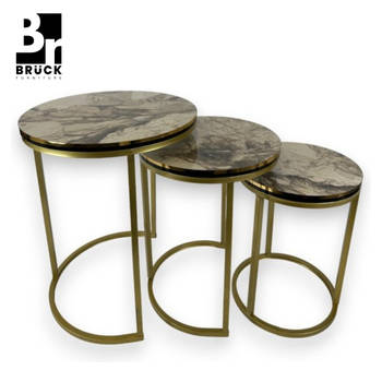 Brück - Set van 3 Ronde Bijzettafels - 3 Hoogtes en 3 Diameters - Bijzettafel Marmerlook Wit Blad - Goud Onderstel