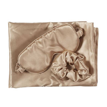 Marbeaux Satijnen Kussensloop 60x60cm Beige Oogmasker Vrouwen Mannen Krullend haar Producten met Slaapmasker en Scrun...