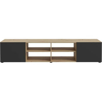 PILVI TV-meubel - Eigentijdse stijl - Eiken en zwart decor - 2 deuren + 4 nissen - L 180 x D 42 x H 37 cm