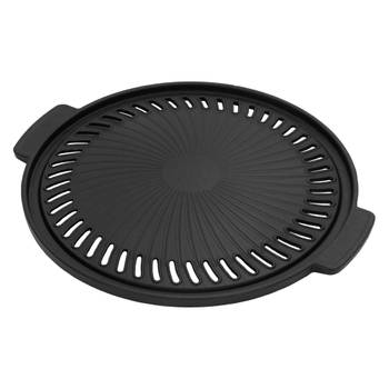 BBQ#BOSS Gietijzeren grillplaat, Ø 32 cm, ronde gietijzeren pan, geribbelde koekenpan met twee handgrepen