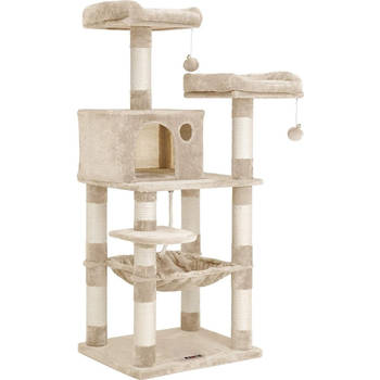 FEANDREA - krabpaal - 143 cm - stabiele krabpaal met kattenhuis - Beige - Copy