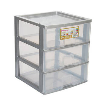 Hega Hogar Ladeblokje/bureau organizer 3x lade - grijs/transparant - L38 x B38 x H44 cm - kunststof - Ladeblok