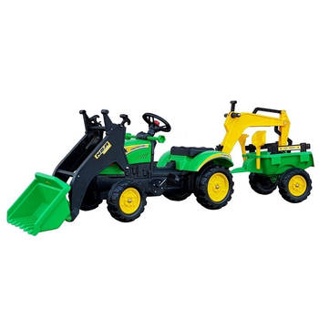 Grote branson 3-in-1 Traptractor - Met Frontlader en Graafmachine Inclusief Aanhanger - Groen