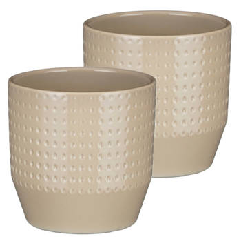 Mica Decorations Bloempot model Nola - 2x - beige - D14 x H13 cm - relief dots - Plantenpotten