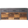 INDY laag dressoir 4 deuren en 1 lade - Verouderd hout en mat grijze melamine - L 178 x D 40 x H 77 cm