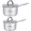 2 x steelpan / sauspan - steelpan met glazen deksel - Ø14 en Ø16 cm - RVS - 1 liter en 1,5 liter