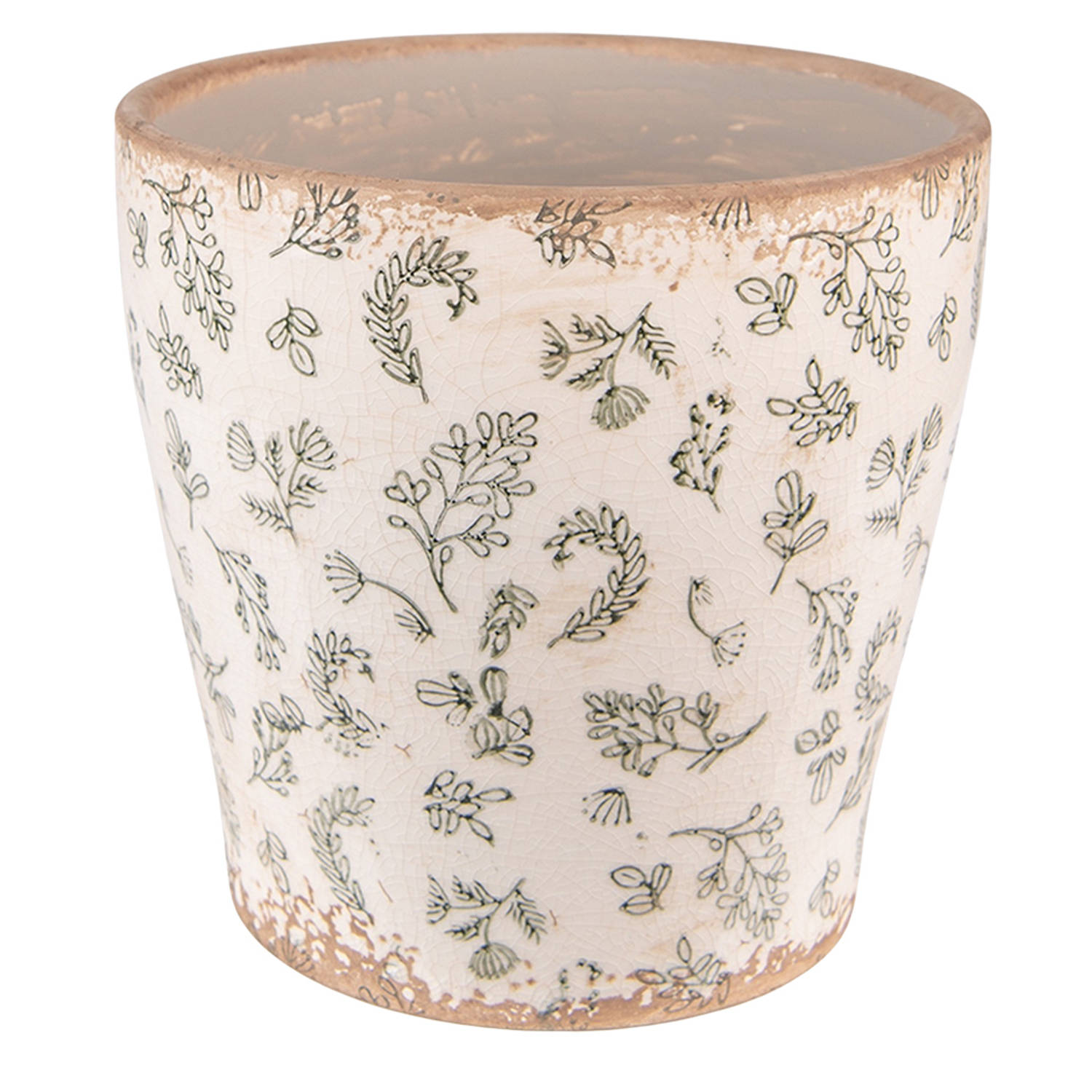 HAES DECO - Bloempot Ø 17x16 cm Groen Beige Keramiek Bloemen Bloempot binnen Plantenpot Plant pot