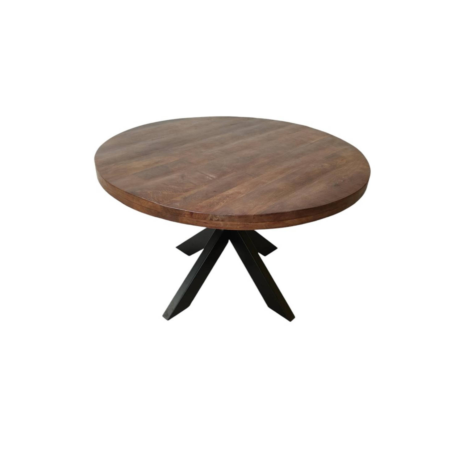 Eettafel rond mangohout 150cm Jones walnoot bruin ronde industriële tafel duurzaam mango eetkamertafel