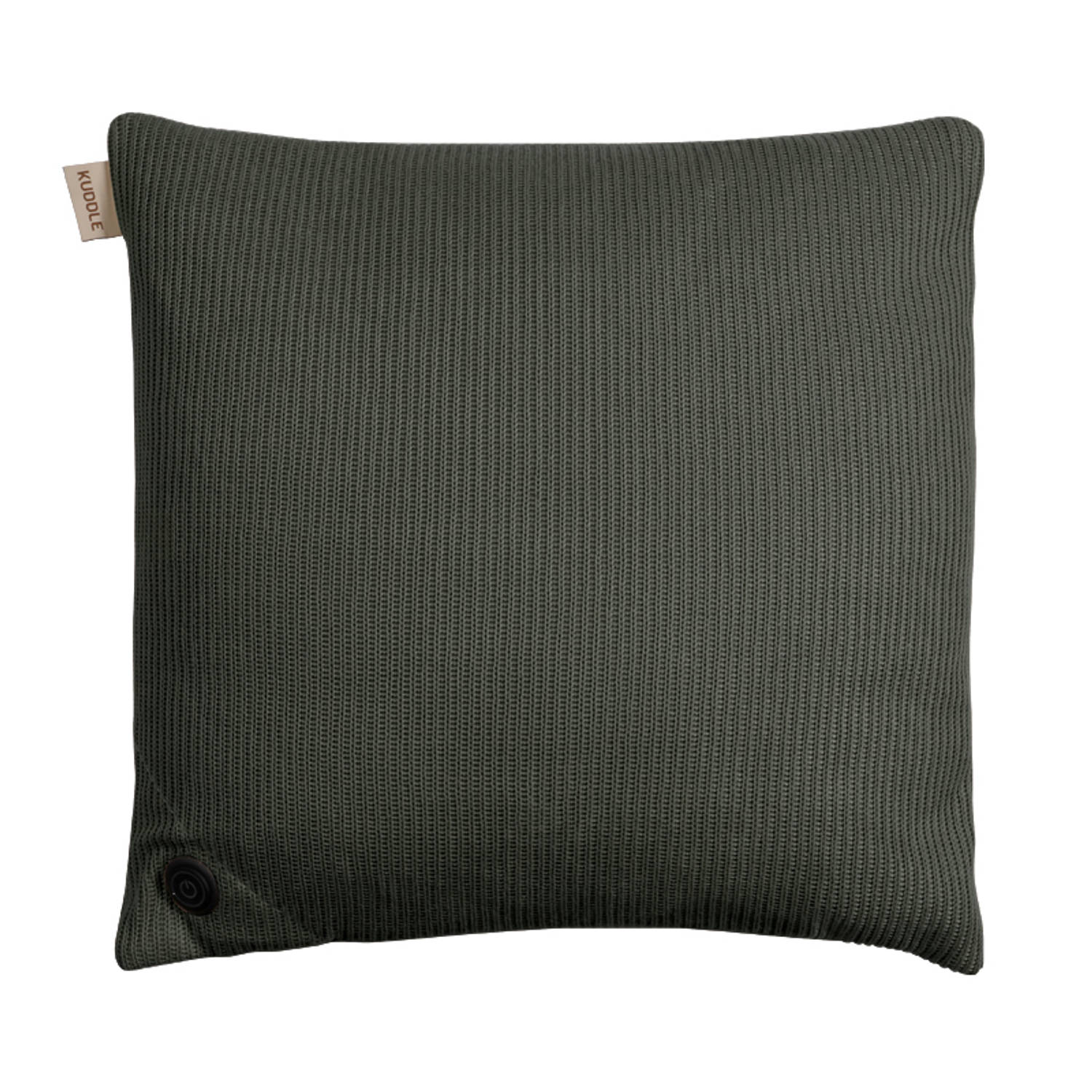 Kuddle Warmtekussen Elektrisch - 45x45cm - Knitted &apos;Olive Green&apos; - Draadloos & Oplaadbaar - Inclusief Twee Powerbanks