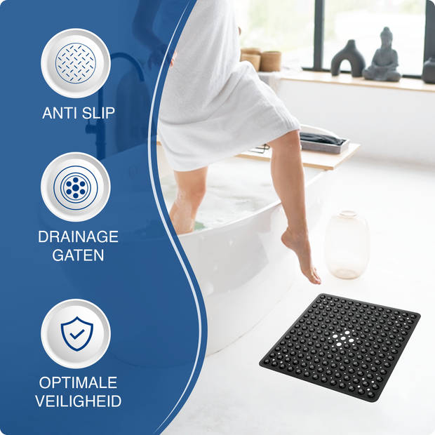 HGMD Antislip douchemat / Badmat - Zwart- 53x53 cm - Zuignappen - Douchemat - Badkamermat - Antislip voor douche