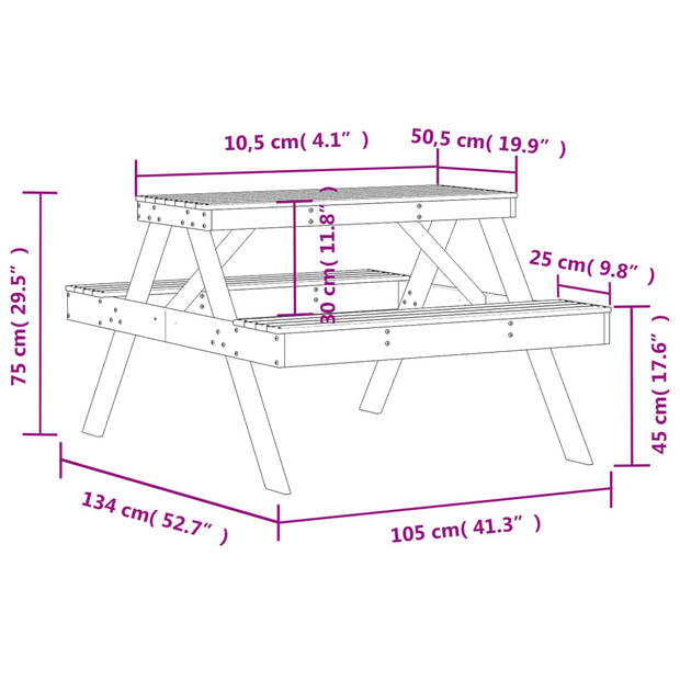 vidaXL Picknicktafel 105x134x75 cm geïmpregneerd grenenhout