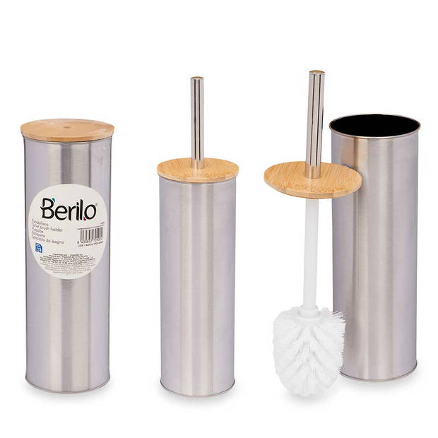 Berilo Toiletborstel in houder - zilver/beige - metaal/bamboe - 34x9cm - Toiletborstels