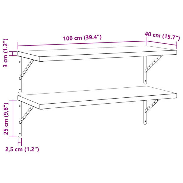 vidaXL Wandschappen 2 st 100x40 cm roestvrijstaal zilverkleurig