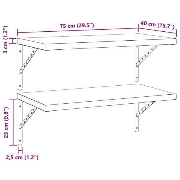 vidaXL Wandschappen 2 st 75x40 cm roestvrijstaal zwart