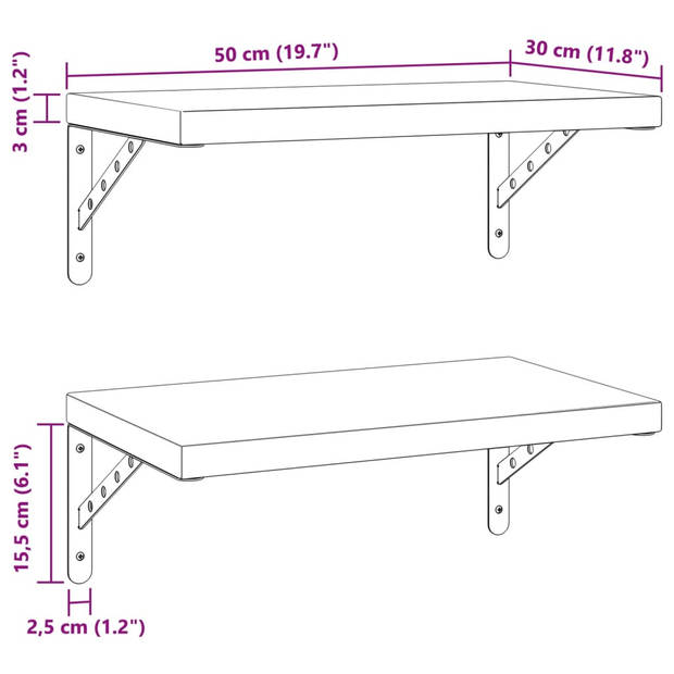 vidaXL Wandschappen 2 st 50x30 cm roestvrijstaal zilverkleurig