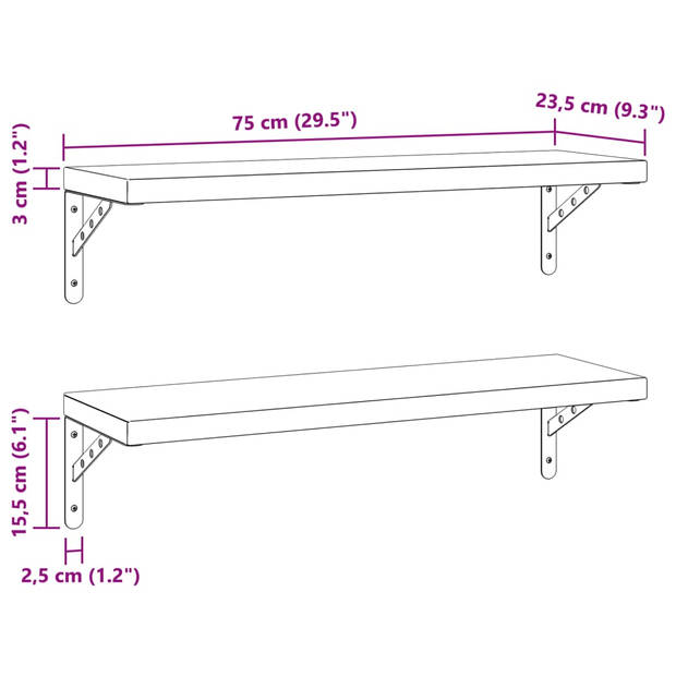 vidaXL Wandschappen 2 st 75x23,5 cm roestvrijstaal zilverkleurig