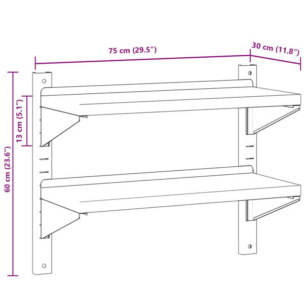 vidaXL Wandschap 2-laags 75x30x60 cm roestvrijstaal zilverkleurig