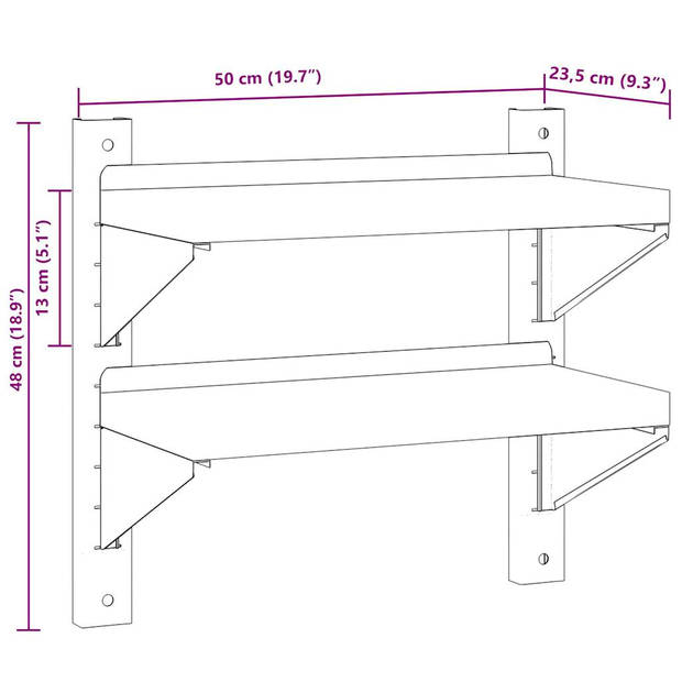 vidaXL Wandschap 2-laags 50x23,5x60 cm roestvrijstaal zilverkleurig