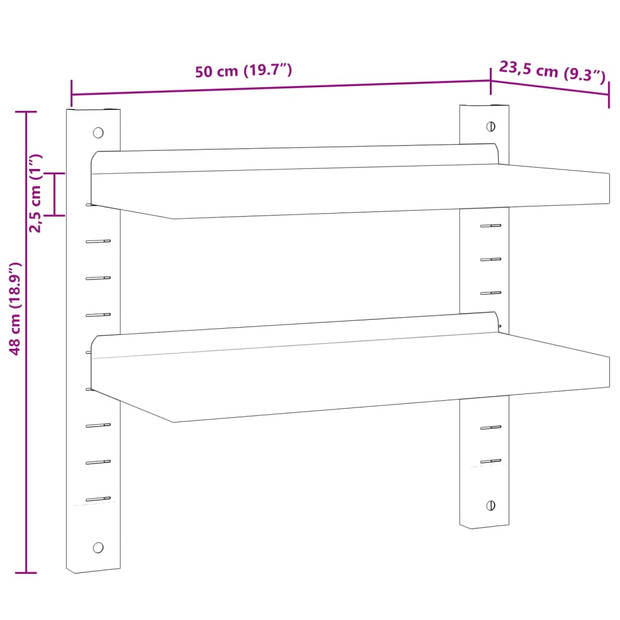 vidaXL Wandschap 2-laags 50x23,5x60 cm roestvrijstaal zilverkleurig