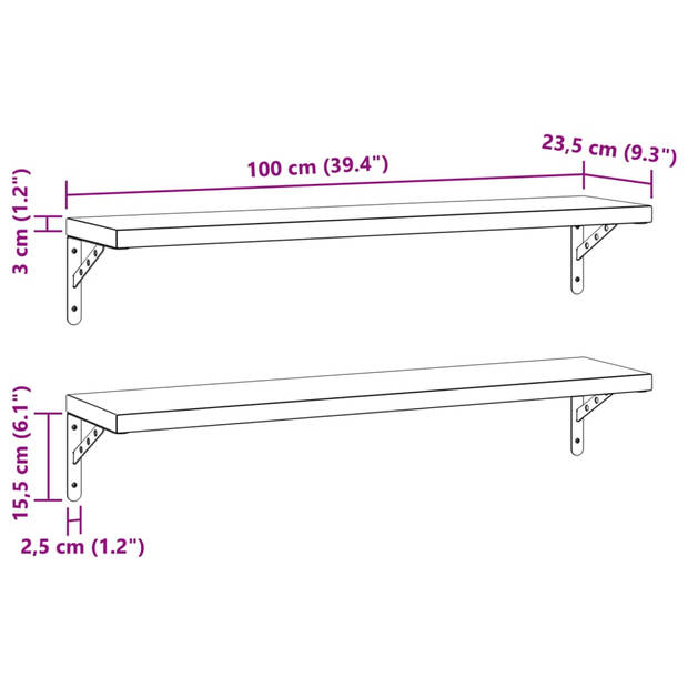 vidaXL Wandschappen 2 st 100x23,5 cm roestvrijstaal zwart