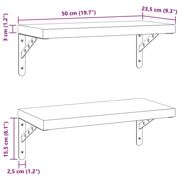 vidaXL Wandschappen 2 st 50x23,5 cm roestvrijstaal zwart