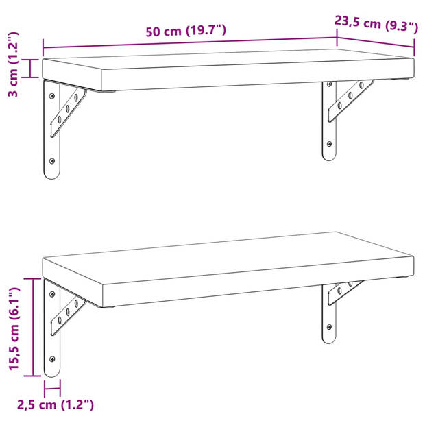 vidaXL Wandschappen 2 st 50x23,5 cm roestvrijstaal zilverkleurig