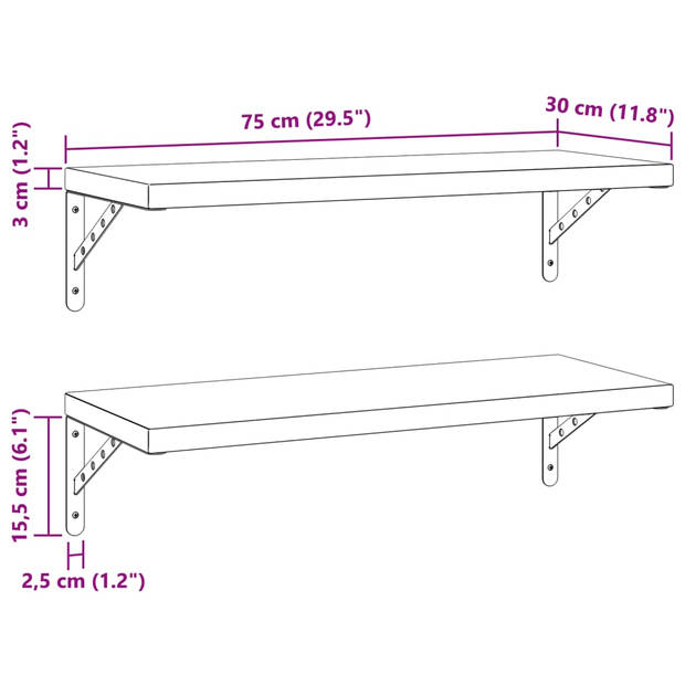 vidaXL Wandschappen 2 st 75x30 cm roestvrijstaal zilverkleurig