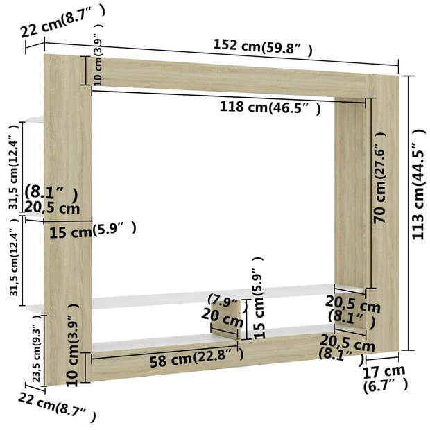 vidaXL Tv-meubel 152x22x113 cm bewerkt hout wit en sonoma eikenkleurig