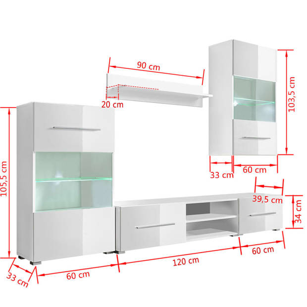 vidaXL Muurvitrine tv-meubel met LED-verlichting wit 5-delig