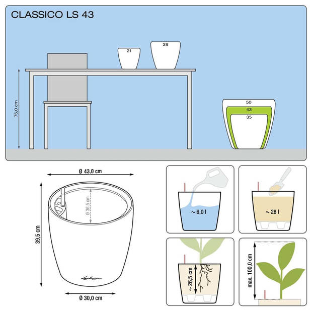 LECHUZA Plantenbak Classico LS 43 ALL-IN-ONE hoogglans wit 16080