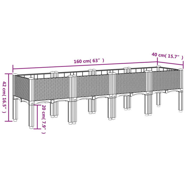 vidaXL Plantenbak met poten 160x40x42 cm polypropeen lichtgrijs