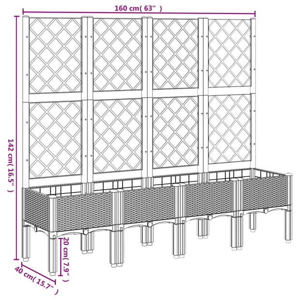 vidaXL Plantenbak met latwerk 160x40x142 cm polypropeen grijs