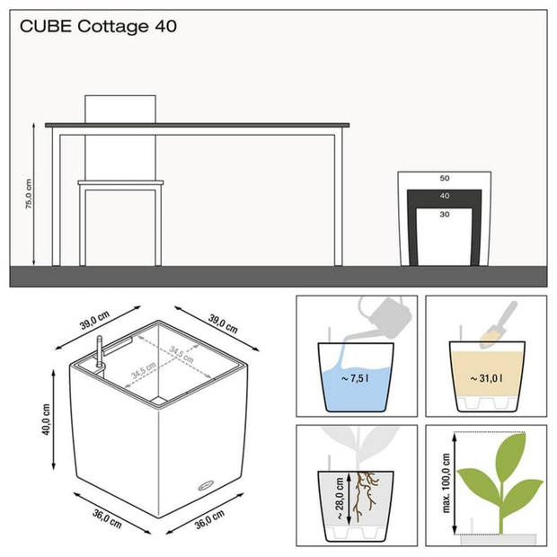 LECHUZA Plantenbak CUBE Cottage 40 ALL-IN-ONE mokkakleurig