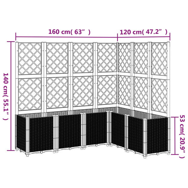 vidaXL Plantenbak met latwerk 160x120x140 cm polypropeen grijs