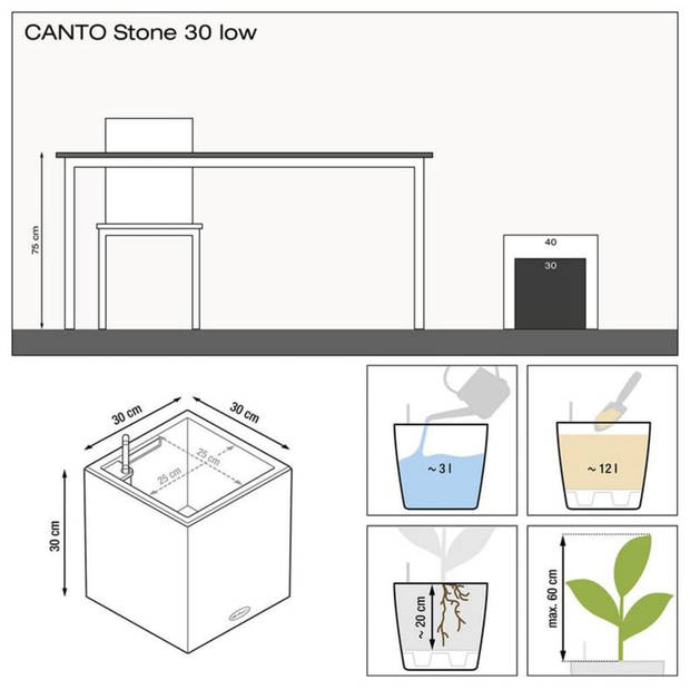 LECHUZA Plantenbak CANTA Stone 30 Low ALL-IN-ONE grafietzwart