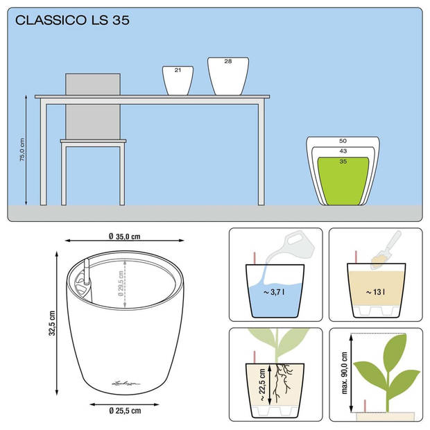 LECHUZA Plantenbak Classico LS 35 ALL-IN-ONE houtskool metallic 16063