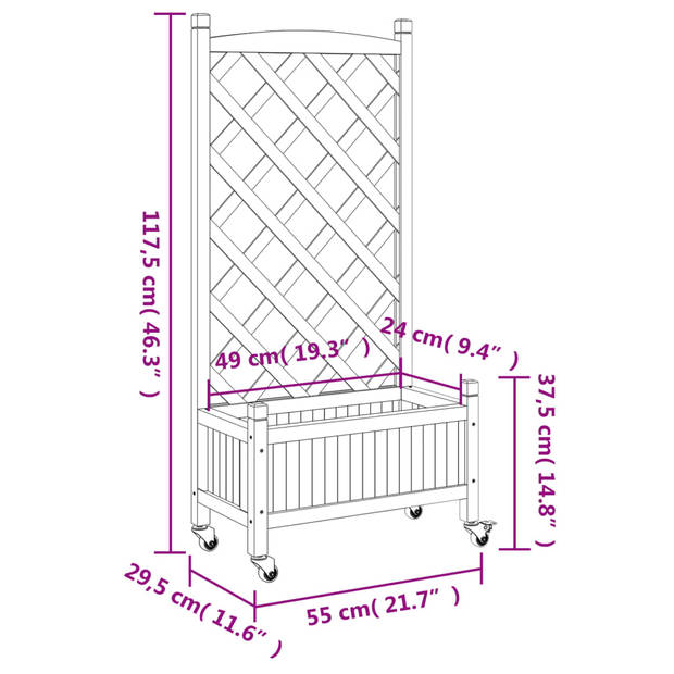 vidaXL Plantenbak met latwerk en wielen massief vurenhout grijs