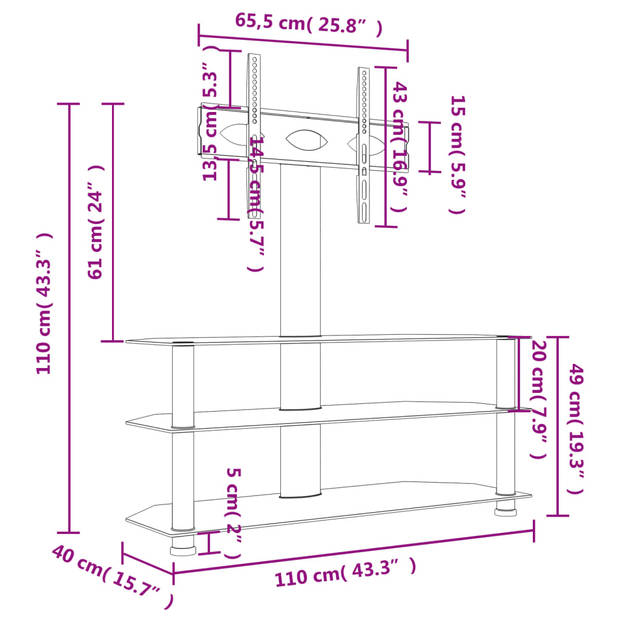 vidaXL Tv-standaard hoek 3-laags voor 32-70 inch zwart en zilverkleur