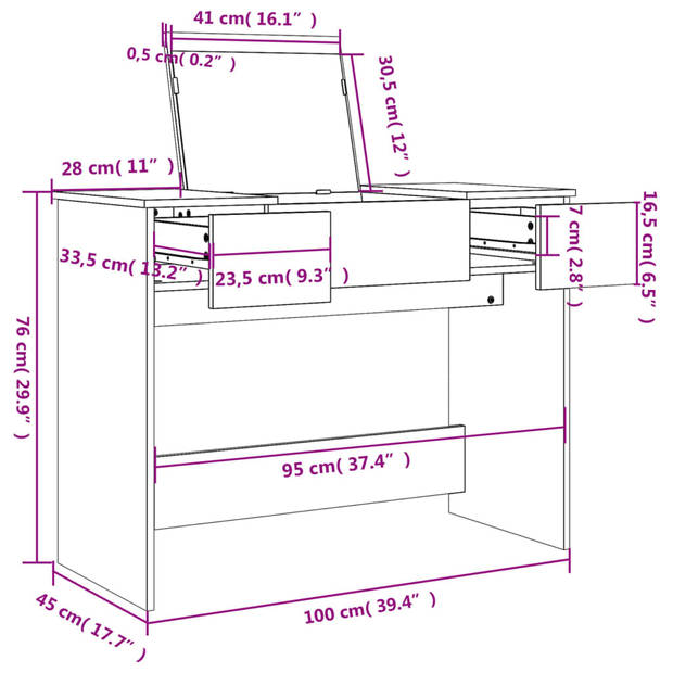 vidaXL Kaptafel met spiegel 100x45x76 cm grijs sonoma eikenkleurig