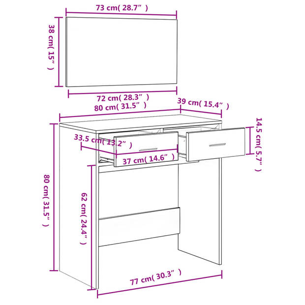 vidaXL Kaptafel met spiegel 80x39x80 cm gerookt eikenkleurig