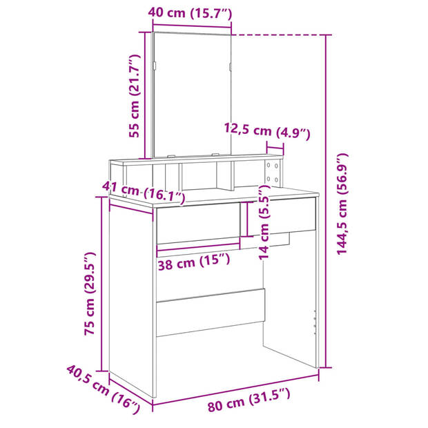 vidaXL Kaptafel met spiegel 80x41x144,5 cm gerookt eikenkleurig